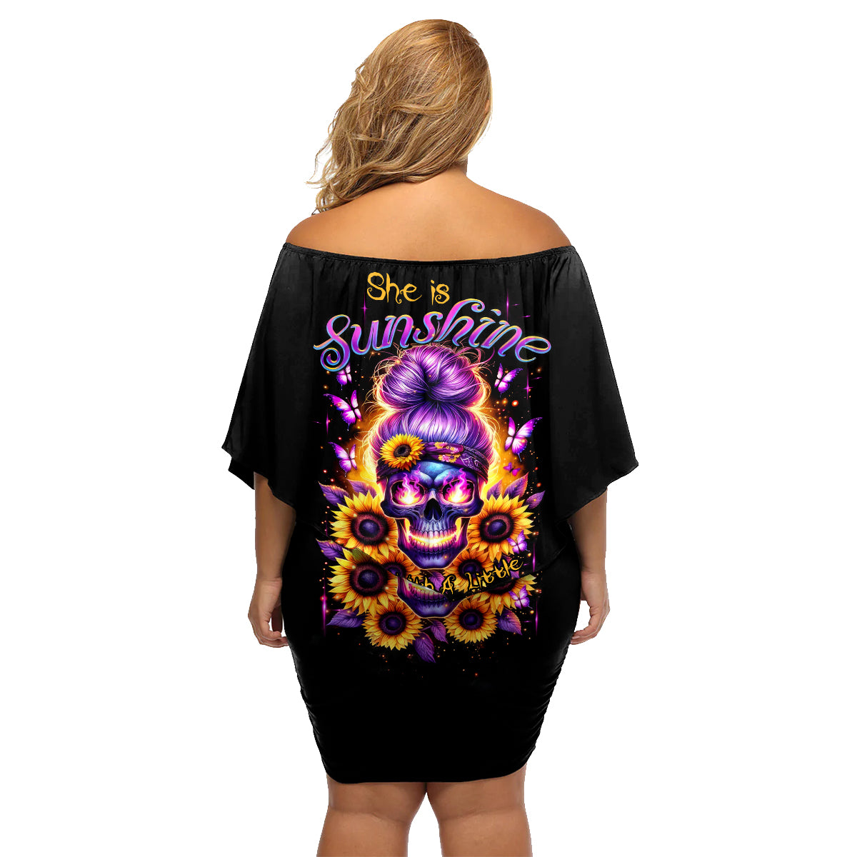 Sunflower Skull Family Matching Off Shoulder Short Dress and Hawaiian Shirt She Is Sunshine Mixed With A Little Hurricane - Wonder Print Shop