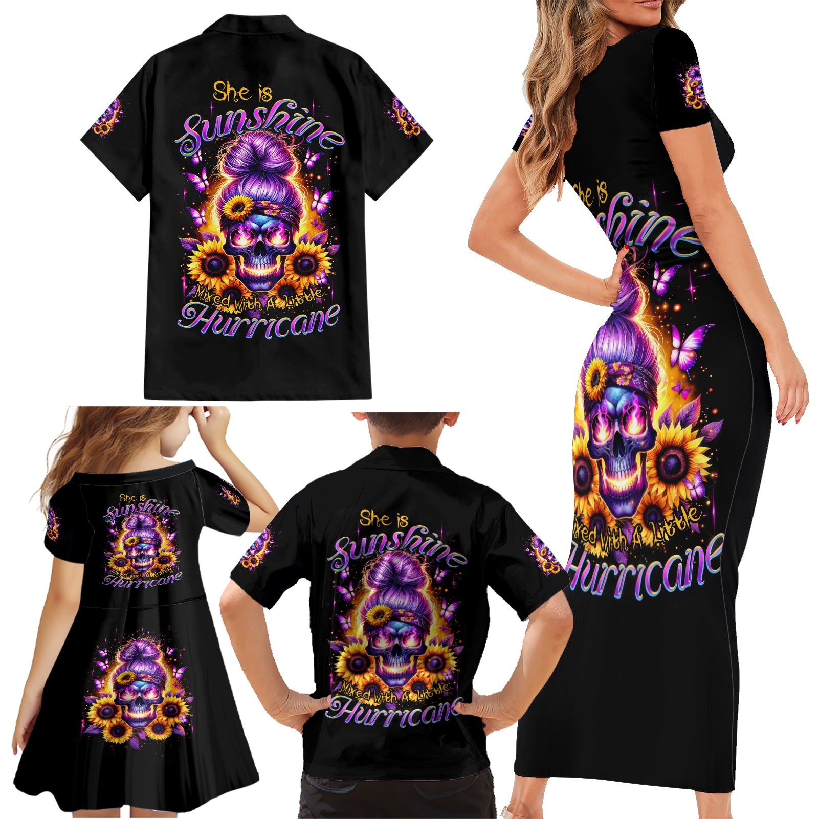 Sunflower Skull Family Matching Short Sleeve Bodycon Dress and Hawaiian Shirt She Is Sunshine Mixed With A Little Hurricane - Wonder Print Shop