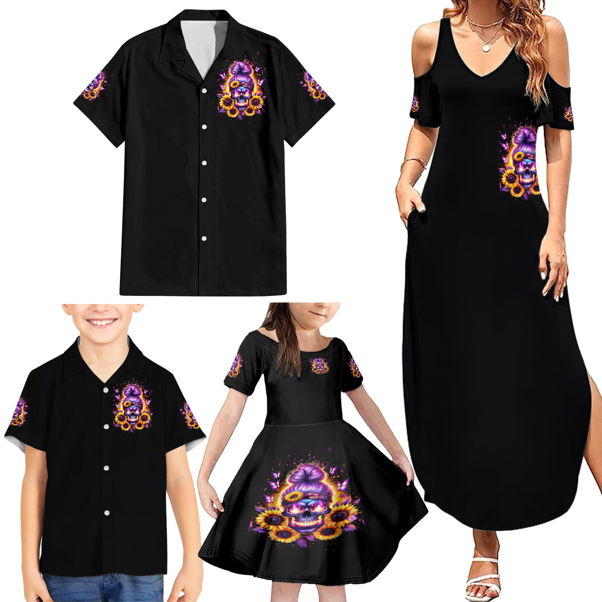 Sunflower Skull Family Matching Summer Maxi Dress and Hawaiian Shirt She Is Sunshine Mixed With A Little Hurricane - Wonder Print Shop