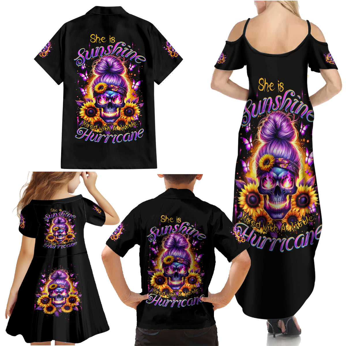 Sunflower Skull Family Matching Summer Maxi Dress and Hawaiian Shirt She Is Sunshine Mixed With A Little Hurricane - Wonder Print Shop