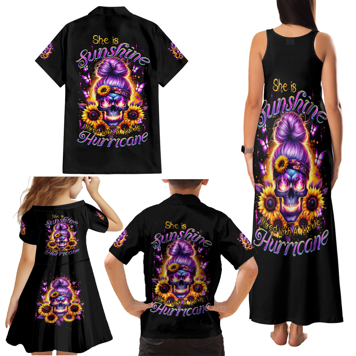 Sunflower Skull Family Matching Tank Maxi Dress and Hawaiian Shirt She Is Sunshine Mixed With A Little Hurricane - Wonder Print Shop
