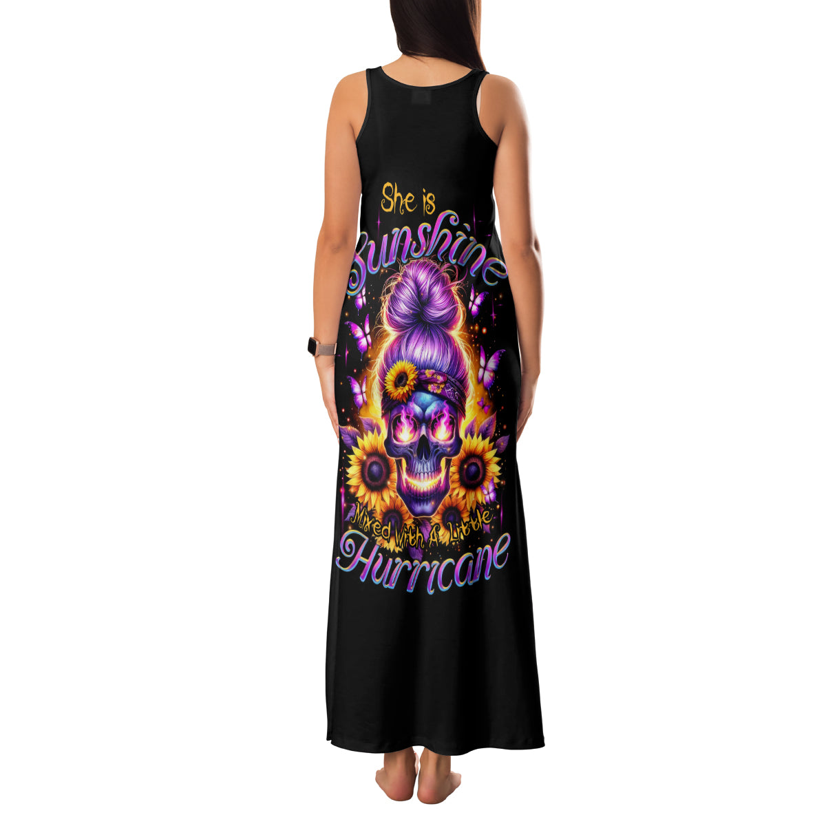 Sunflower Skull Family Matching Tank Maxi Dress and Hawaiian Shirt She Is Sunshine Mixed With A Little Hurricane - Wonder Print Shop