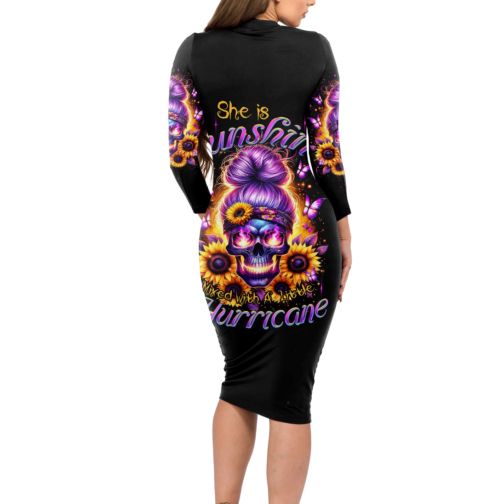 Sunflower Skull Long Sleeve Bodycon Dress She Is Sunshine Mixed With A Little Hurricane - Wonder Print Shop