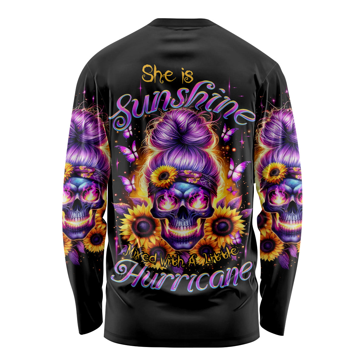 Sunflower Skull Long Sleeve Shirt She Is Sunshine Mixed With A Little Hurricane - Wonder Print Shop