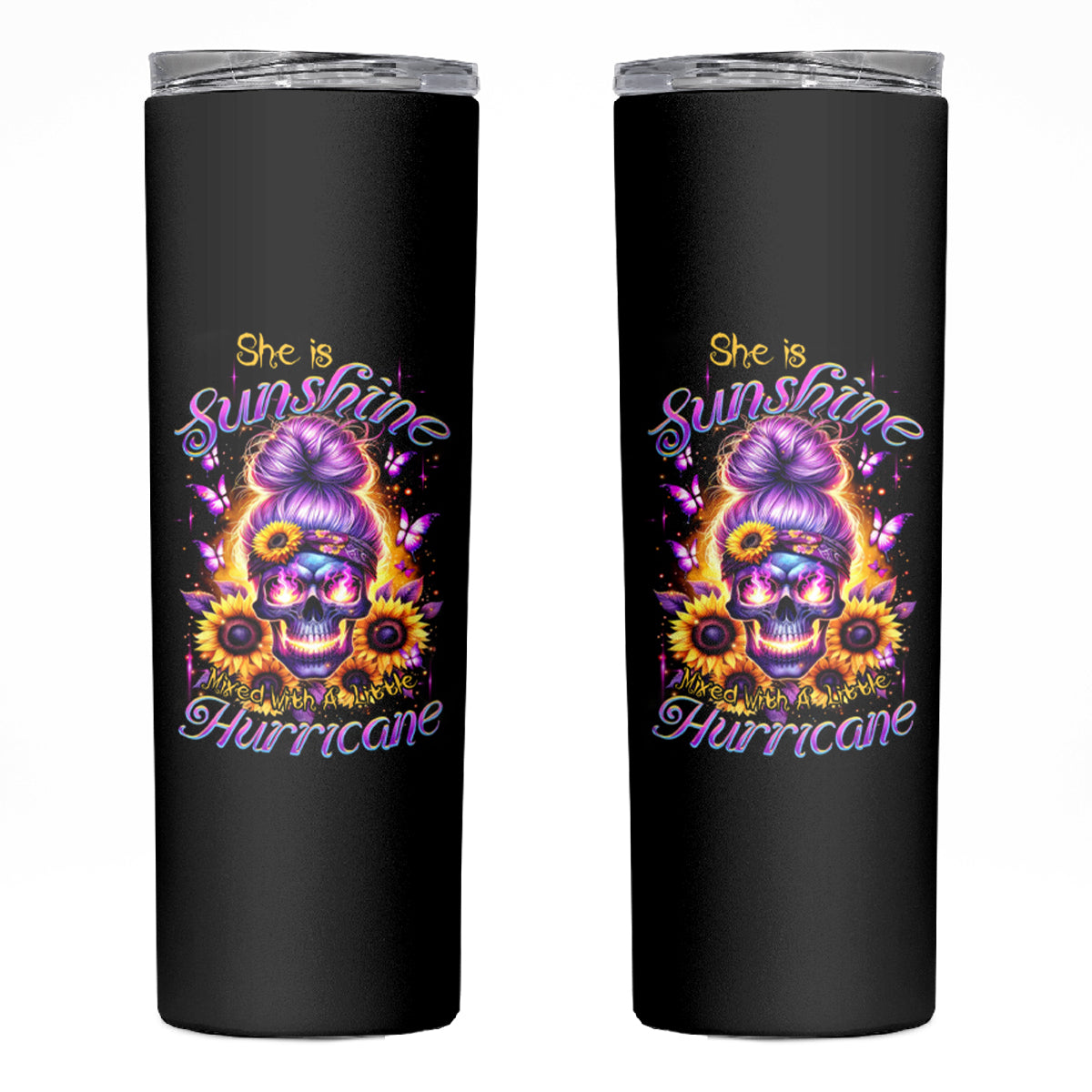 Sunflower Skull Skinny Tumbler She Is Sunshine Mixed With A Little Hurricane - Wonder Print Shop