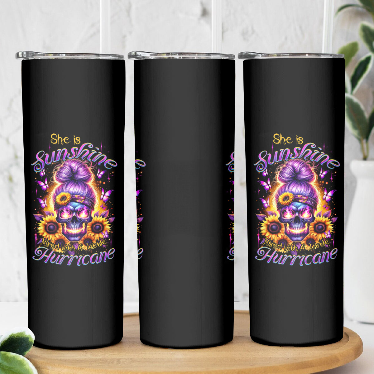 Sunflower Skull Skinny Tumbler She Is Sunshine Mixed With A Little Hurricane - Wonder Print Shop