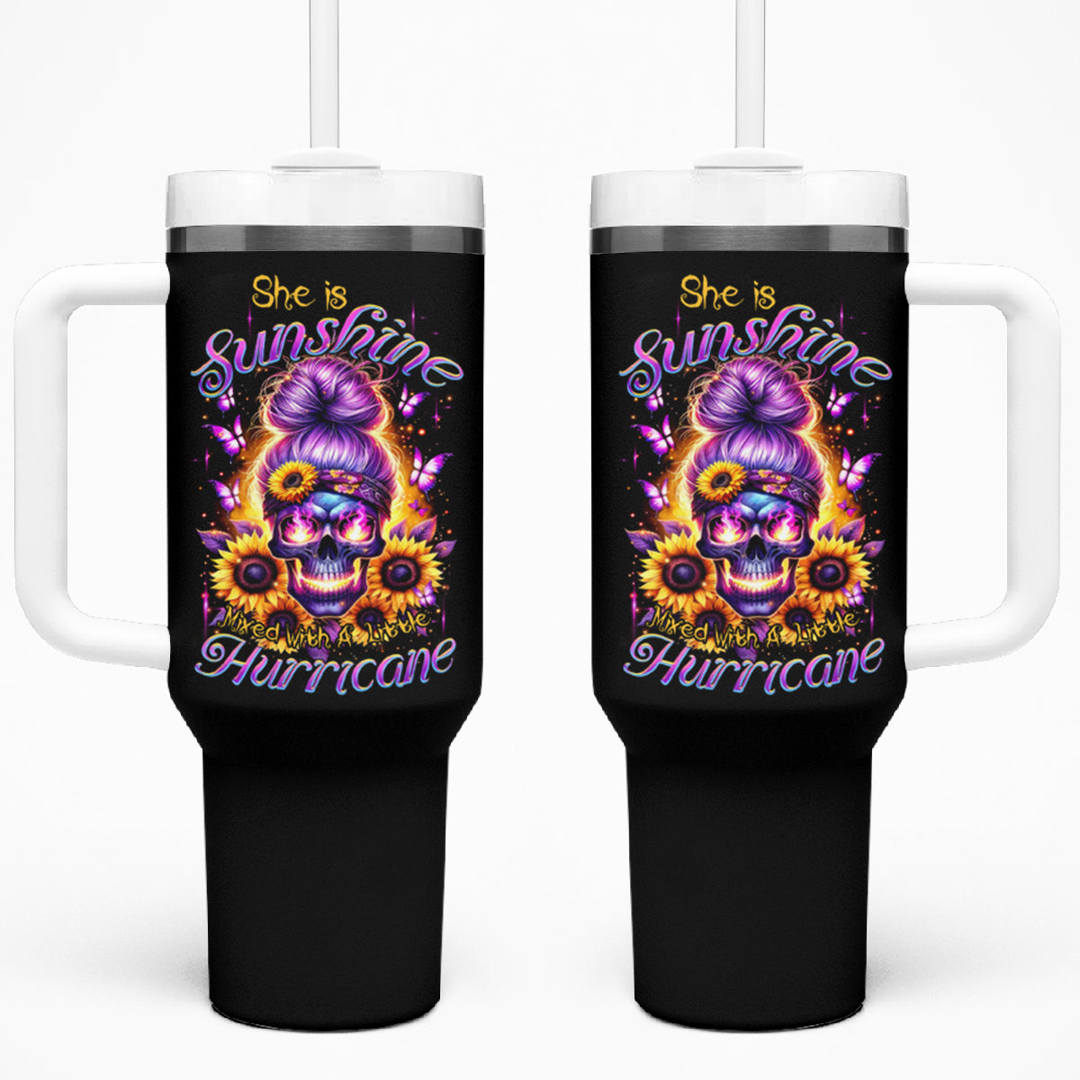 Sunflower Skull Tumbler With Handle She Is Sunshine Mixed With A Little Hurricane - Wonder Print Shop
