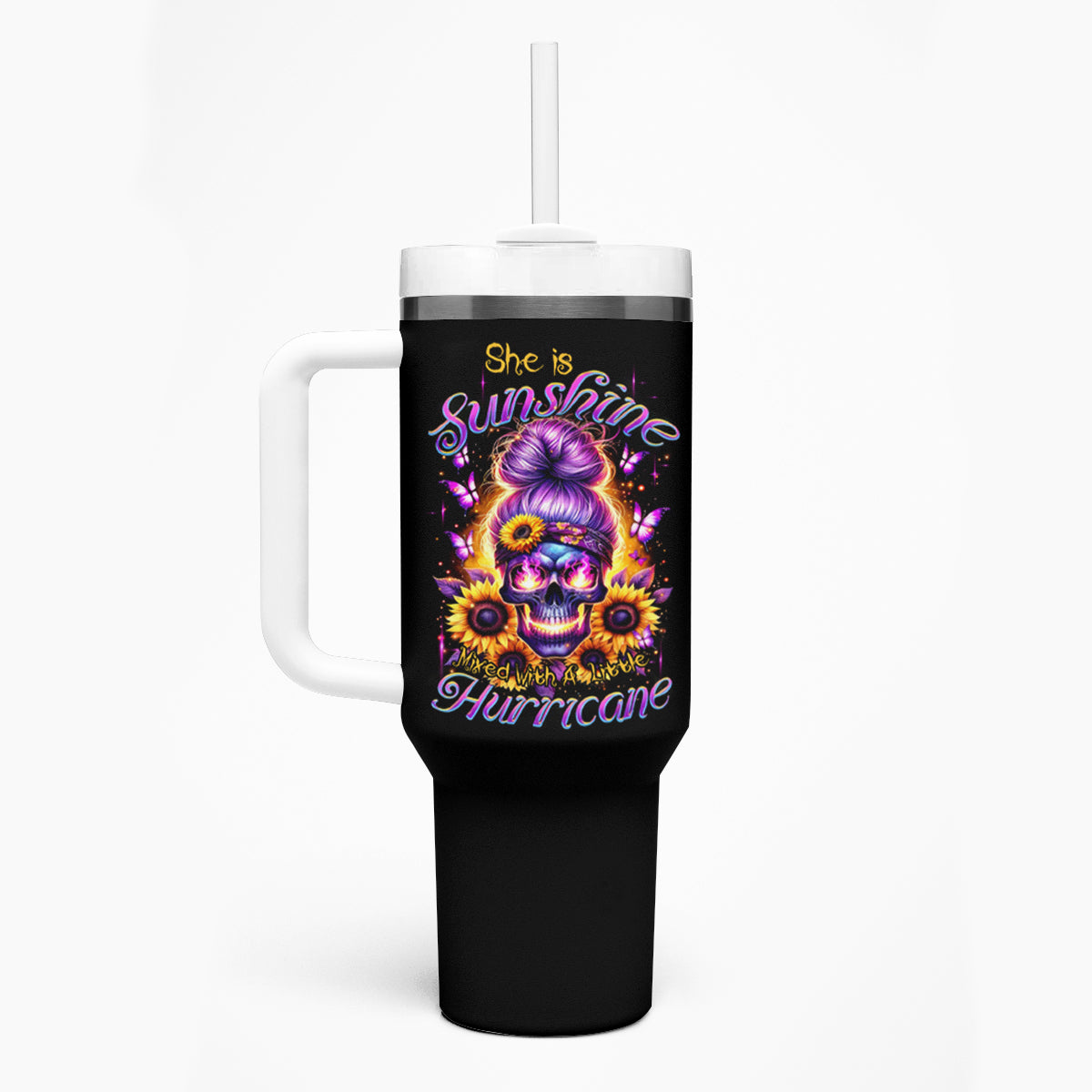 Sunflower Skull Tumbler With Handle She Is Sunshine Mixed With A Little Hurricane - Wonder Print Shop