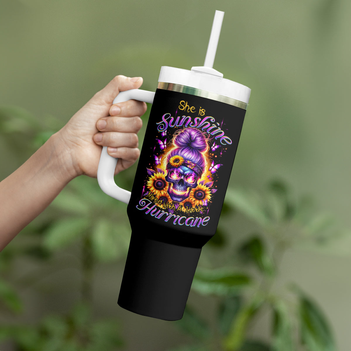 Sunflower Skull Tumbler With Handle She Is Sunshine Mixed With A Little Hurricane - Wonder Print Shop