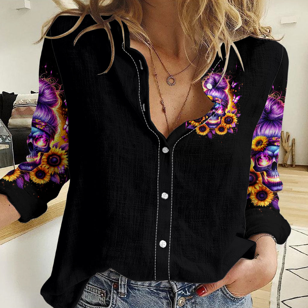 Sunflower Skull Women Casual Shirt She Is Sunshine Mixed With A Little Hurricane - Wonder Print Shop