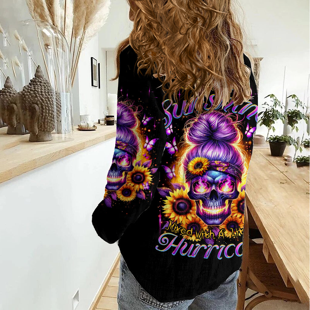 Sunflower Skull Women Casual Shirt She Is Sunshine Mixed With A Little Hurricane - Wonder Print Shop