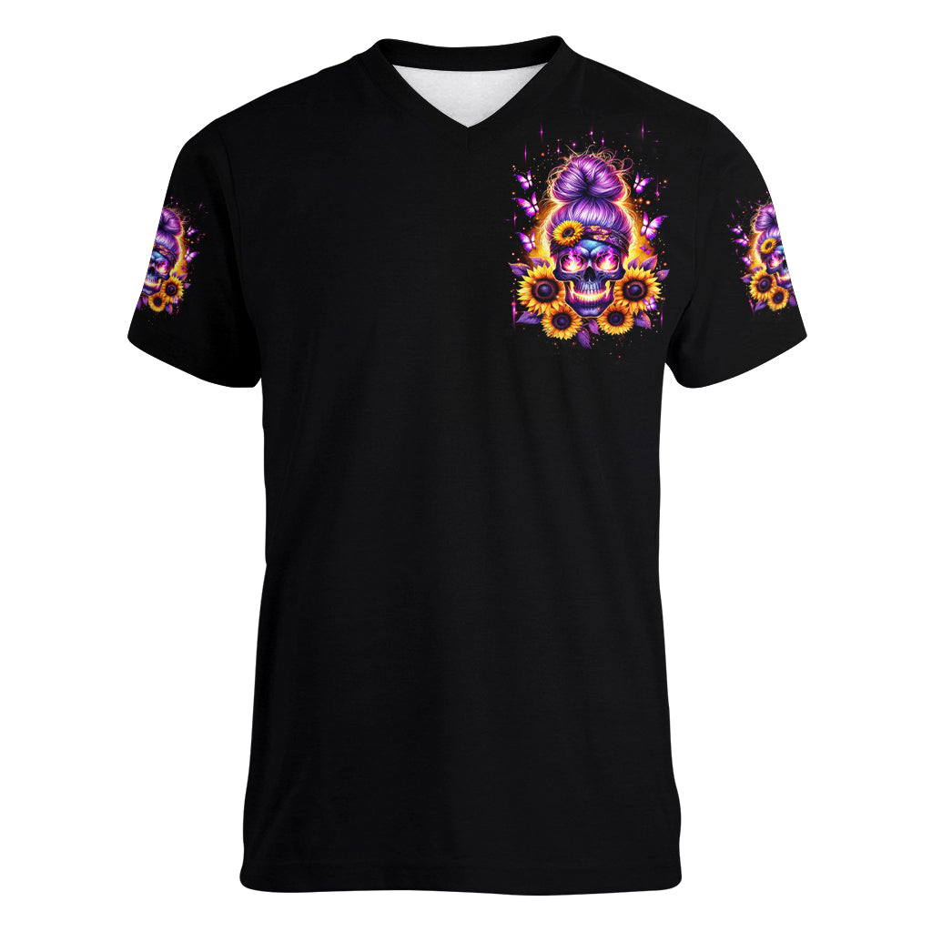 Sunflower Skull Women V Neck T Shirt She Is Sunshine Mixed With A Little Hurricane - Wonder Print Shop