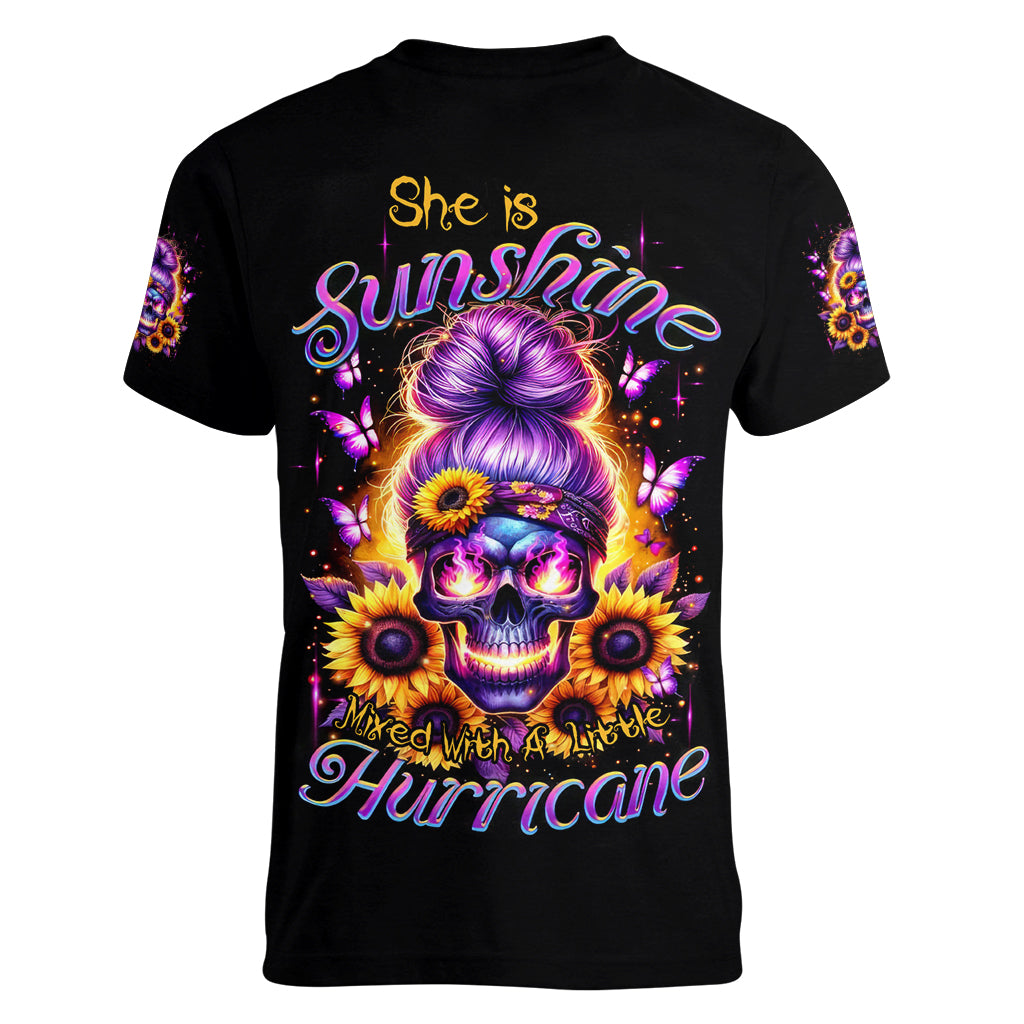 Sunflower Skull Women V Neck T Shirt She Is Sunshine Mixed With A Little Hurricane - Wonder Print Shop