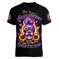 Sunflower Skull Women V Neck T Shirt She Is Sunshine Mixed With A Little Hurricane - Wonder Print Shop