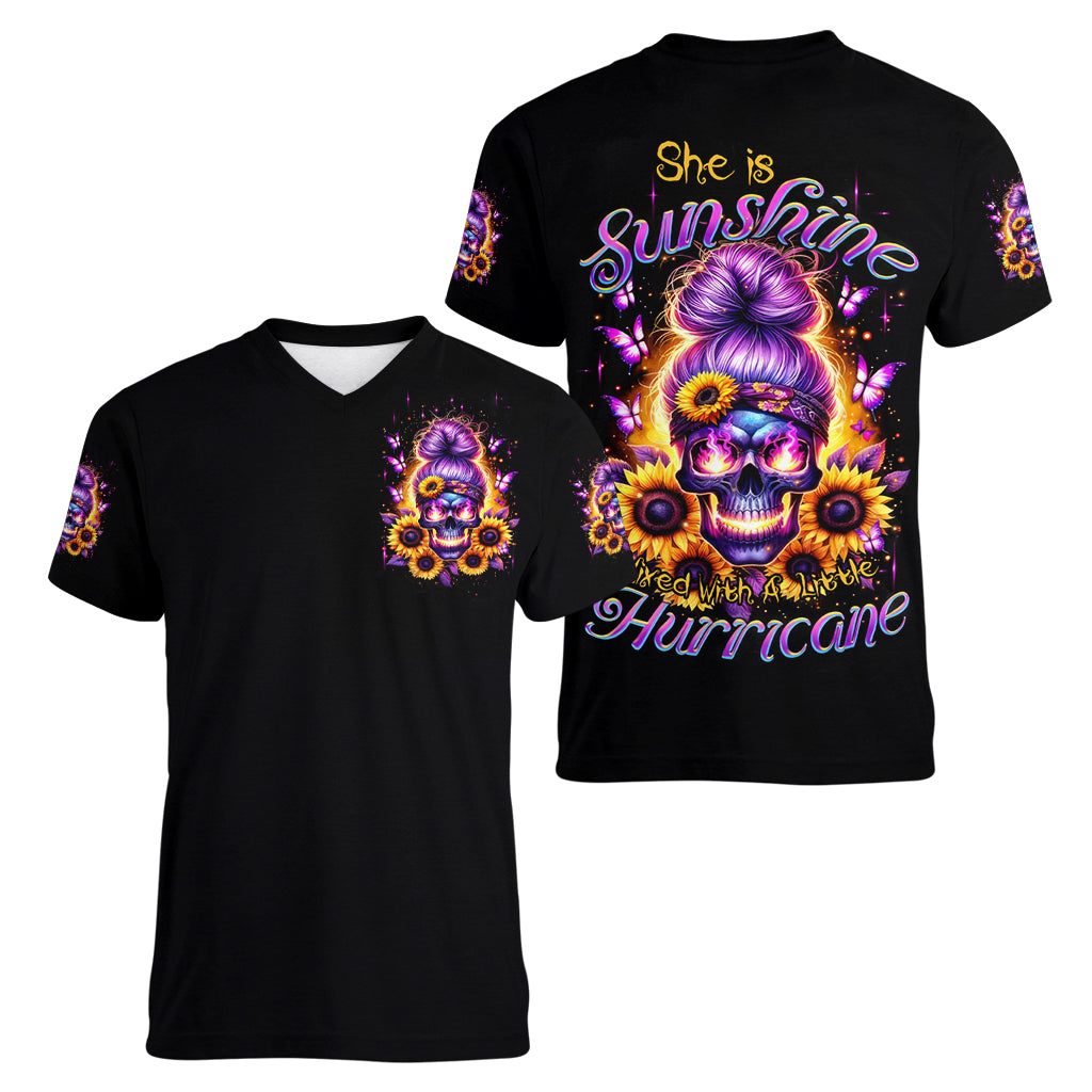 Sunflower Skull Women V Neck T Shirt She Is Sunshine Mixed With A Little Hurricane - Wonder Print Shop