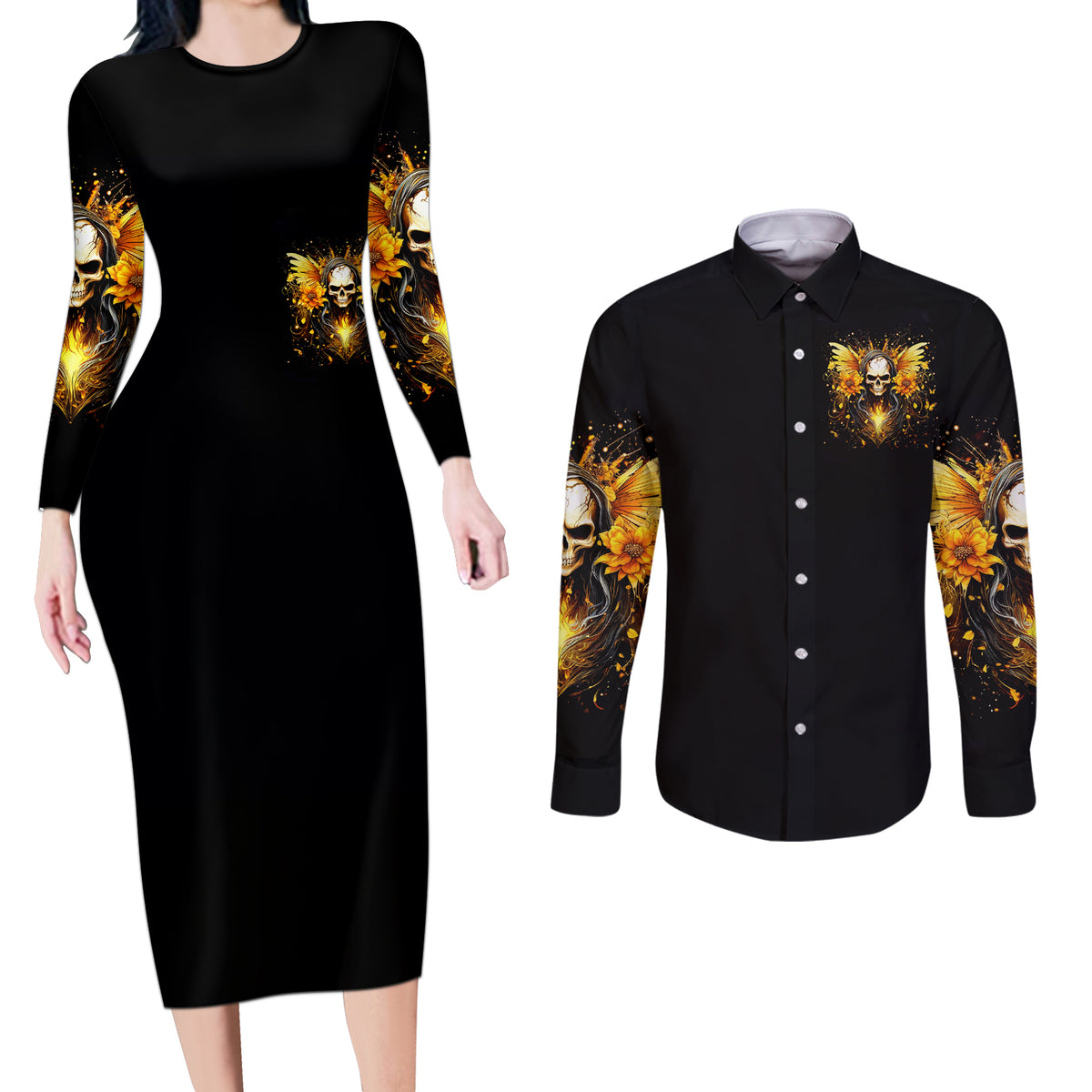 Fairy Skull Couples Matching Long Sleeve Bodycon Dress and Long Sleeve Button Shirt The Good Girl In Me Got Tired Of The Bullshit - Wonder Print Shop