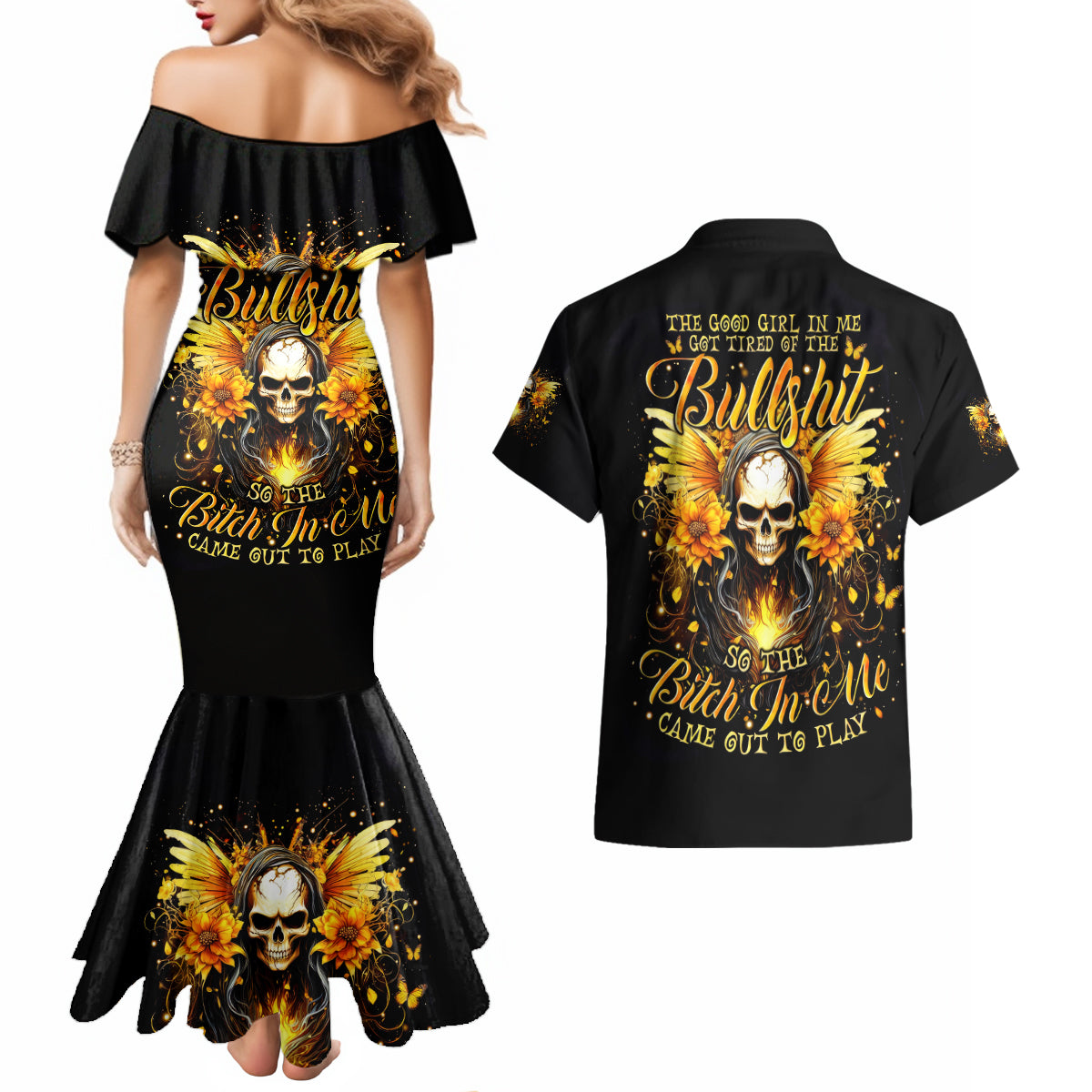 Fairy Skull Couples Matching Mermaid Dress and Hawaiian Shirt The Good Girl In Me Got Tired Of The Bullshit - Wonder Print Shop