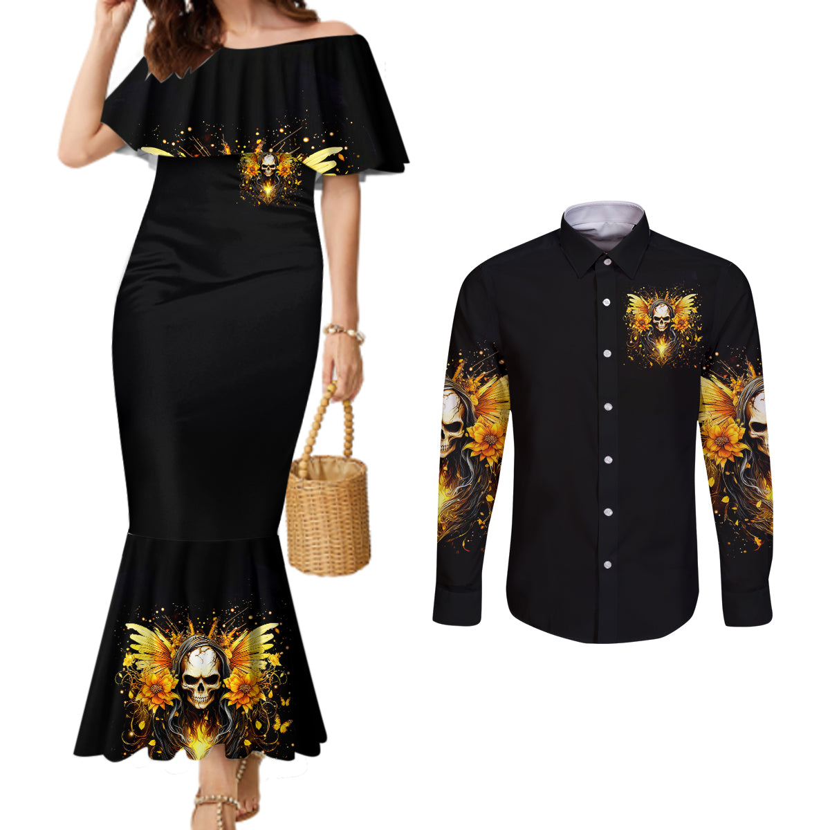 Fairy Skull Couples Matching Mermaid Dress and Long Sleeve Button Shirt The Good Girl In Me Got Tired Of The Bullshit