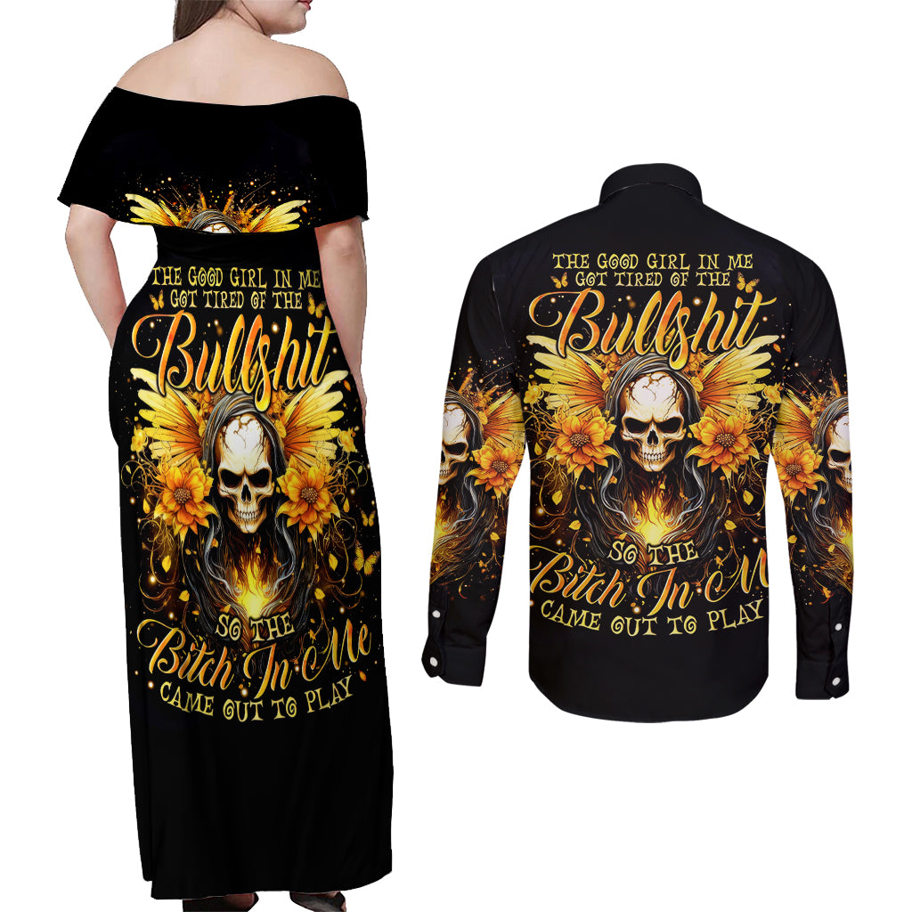 Fairy Skull Couples Matching Off Shoulder Maxi Dress and Long Sleeve Button Shirt The Good Girl In Me Got Tired Of The Bullshit - Wonder Print Shop