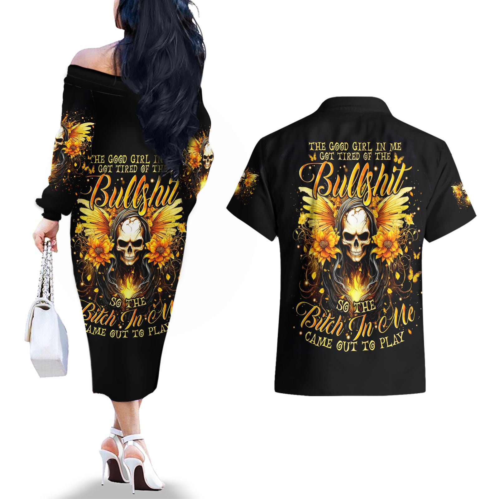 Fairy Skull Couples Matching Off The Shoulder Long Sleeve Dress and Hawaiian Shirt The Good Girl In Me Got Tired Of The Bullshit - Wonder Print Shop