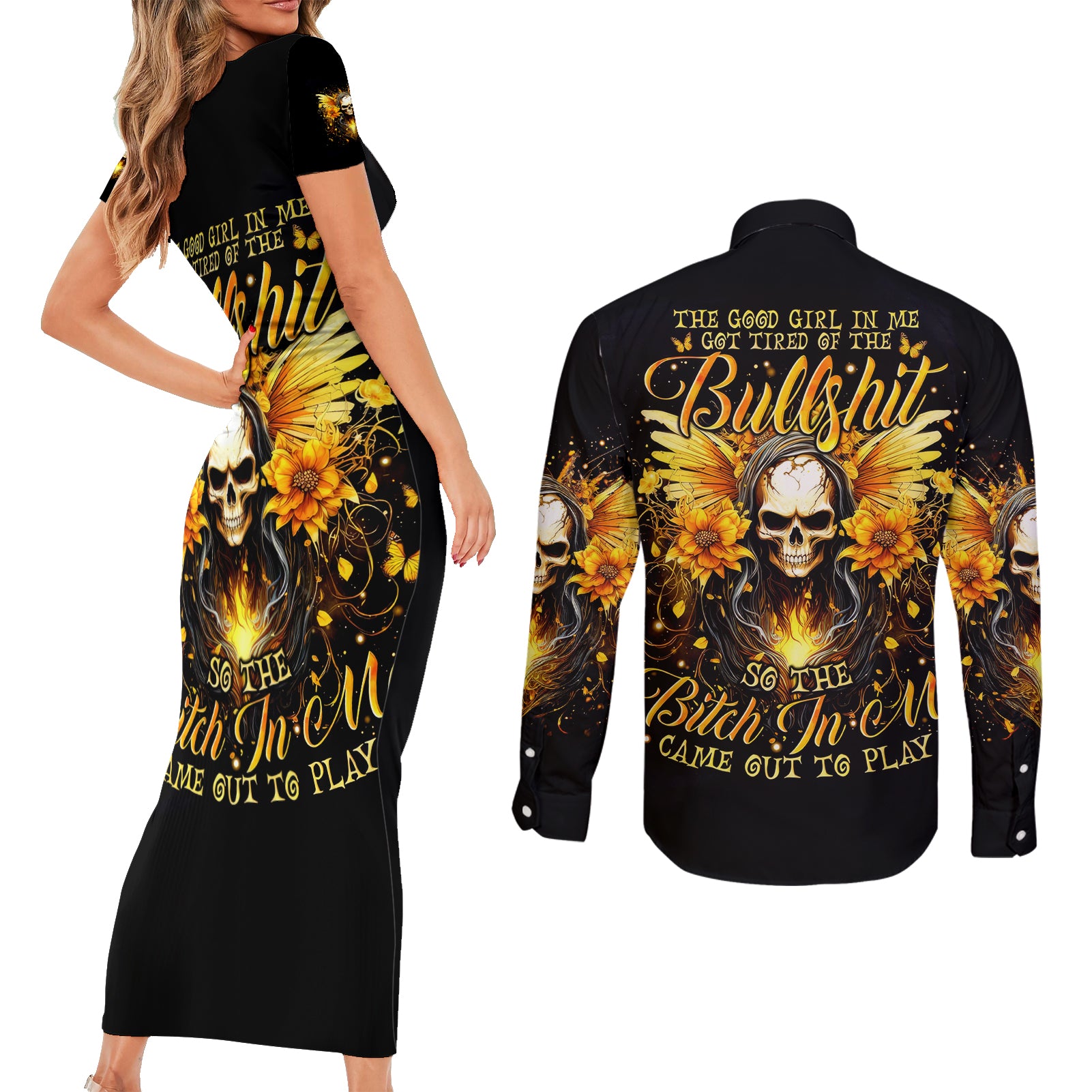 Fairy Skull Couples Matching Short Sleeve Bodycon Dress and Long Sleeve Button Shirt The Good Girl In Me Got Tired Of The Bullshit - Wonder Print Shop