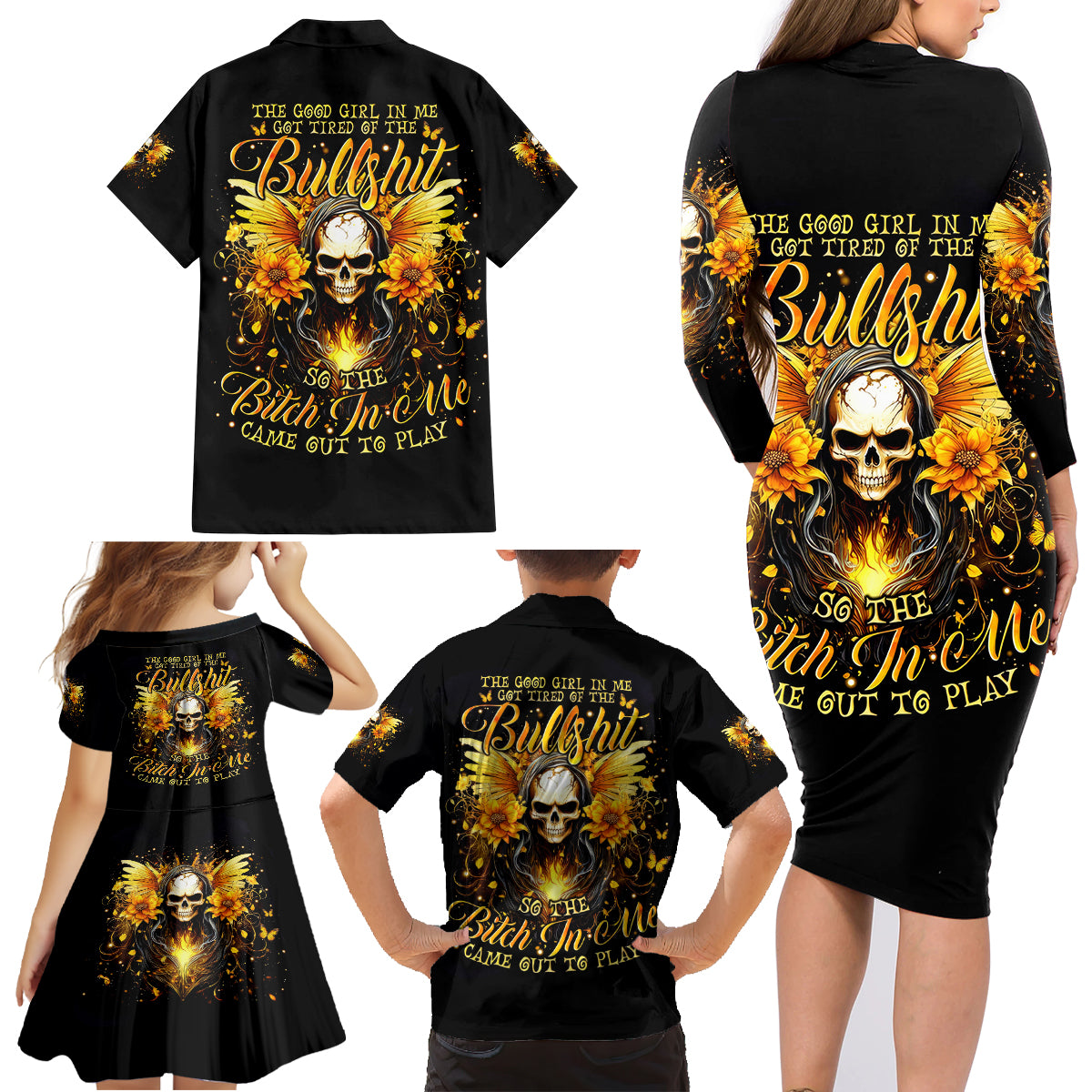 Fairy Skull Family Matching Long Sleeve Bodycon Dress and Hawaiian Shirt The Good Girl In Me Got Tired Of The Bullshit - Wonder Print Shop