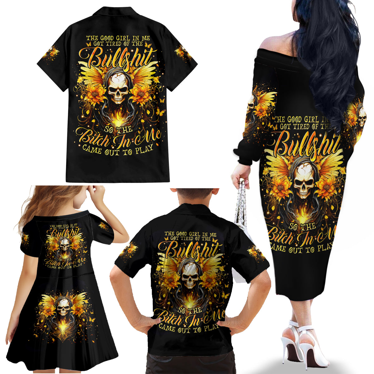 Fairy Skull Family Matching Off Shoulder Long Sleeve Dress and Hawaiian Shirt The Good Girl In Me Got Tired Of The Bullshit - Wonder Print Shop