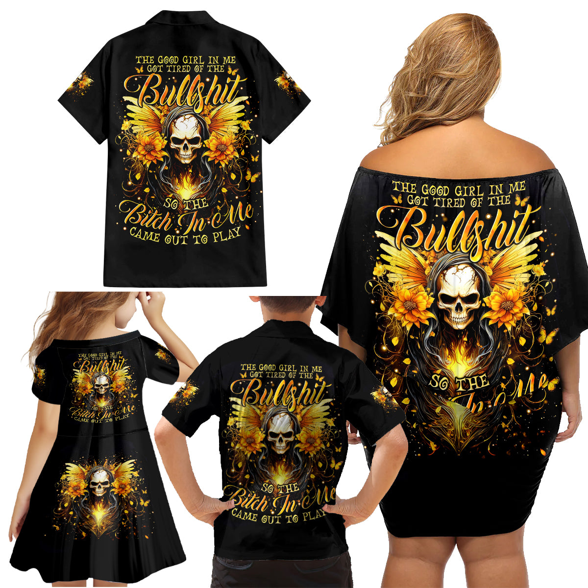 Fairy Skull Family Matching Off Shoulder Short Dress and Hawaiian Shirt The Good Girl In Me Got Tired Of The Bullshit - Wonder Print Shop