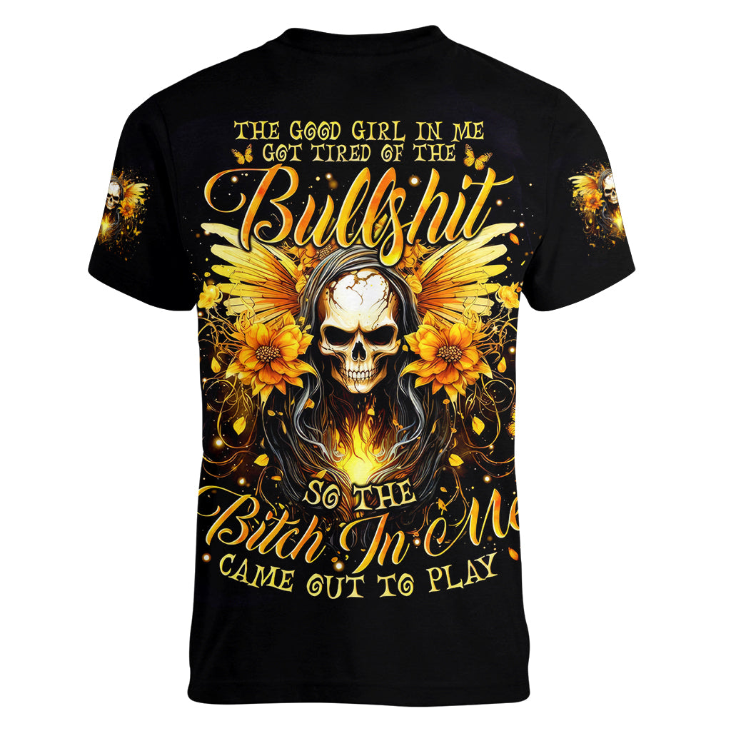 Fairy Skull Women V Neck T Shirt The Good Girl In Me Got Tired Of The Bullshit - Wonder Print Shop