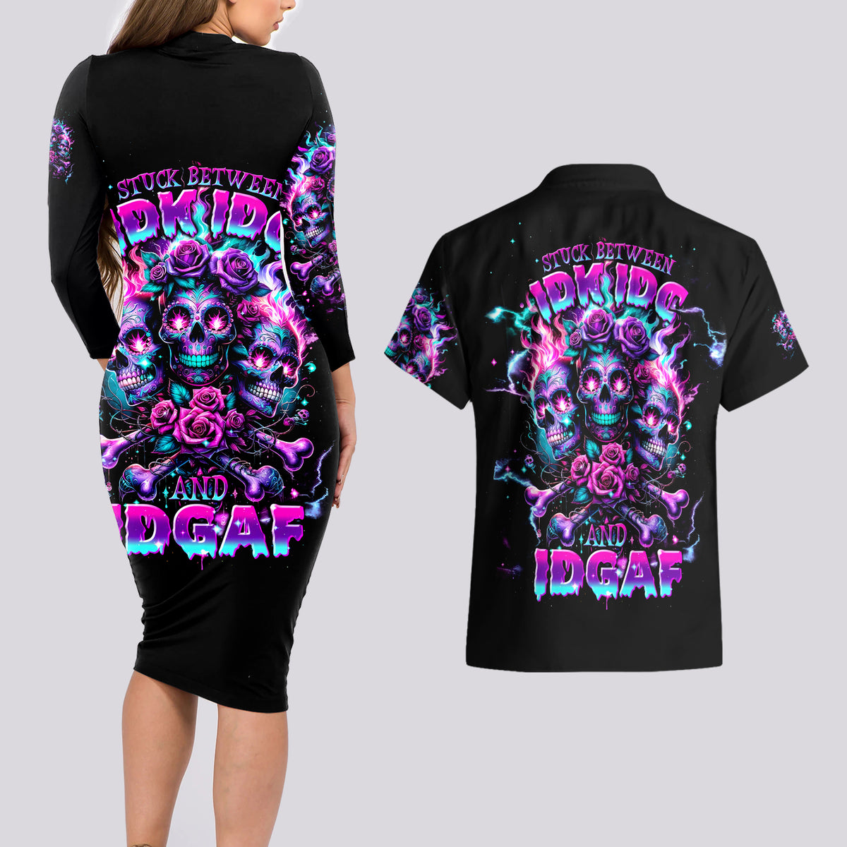 Flower Skull Couples Matching Long Sleeve Bodycon Dress and Hawaiian Shirt Stuck Between IDK IDC - Wonder Print Shop