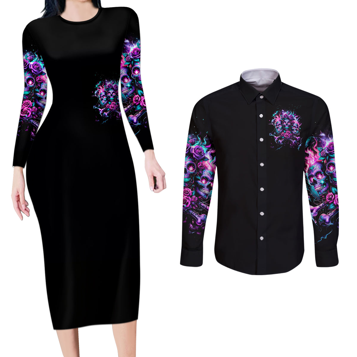 Flower Skull Couples Matching Long Sleeve Bodycon Dress and Long Sleeve Button Shirt Stuck Between IDK IDC - Wonder Print Shop