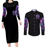 Flower Skull Couples Matching Long Sleeve Bodycon Dress and Long Sleeve Button Shirt Stuck Between IDK IDC - Wonder Print Shop