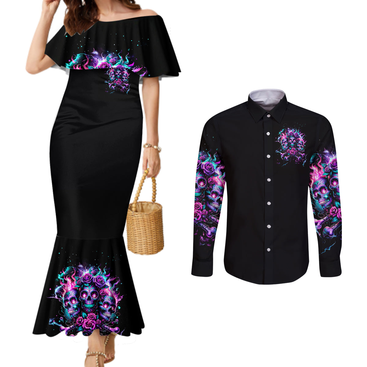 Flower Skull Couples Matching Mermaid Dress and Long Sleeve Button Shirt Stuck Between IDK IDC