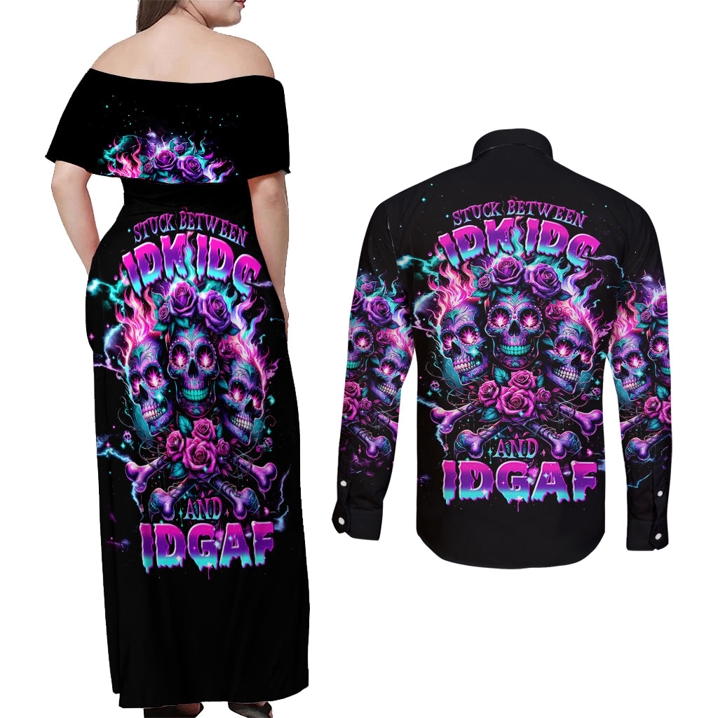 Flower Skull Couples Matching Off Shoulder Maxi Dress and Long Sleeve Button Shirt Stuck Between IDK IDC - Wonder Print Shop