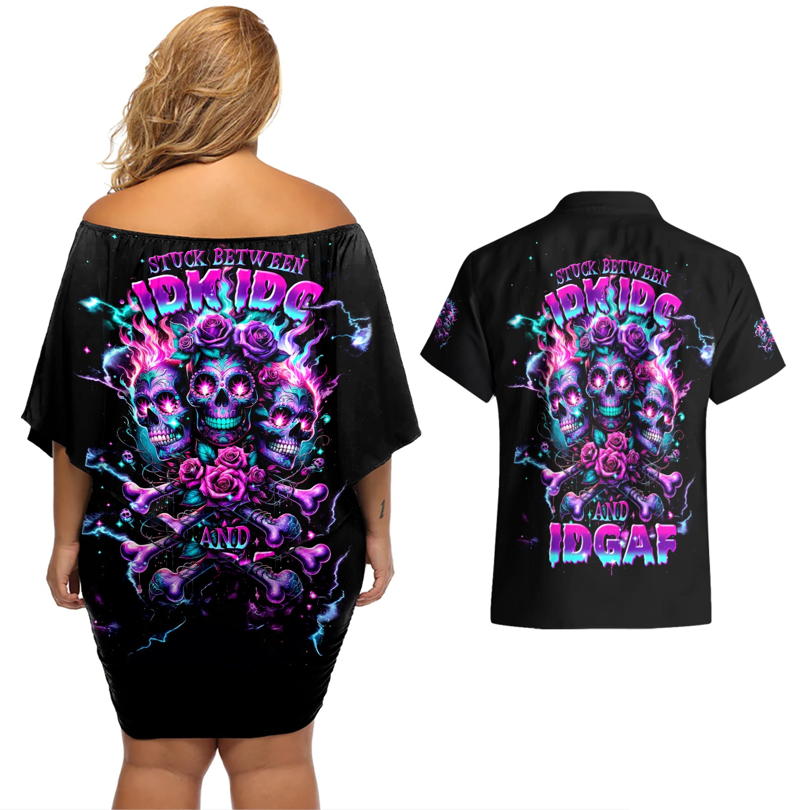 Flower Skull Couples Matching Off Shoulder Short Dress and Hawaiian Shirt Stuck Between IDK IDC - Wonder Print Shop