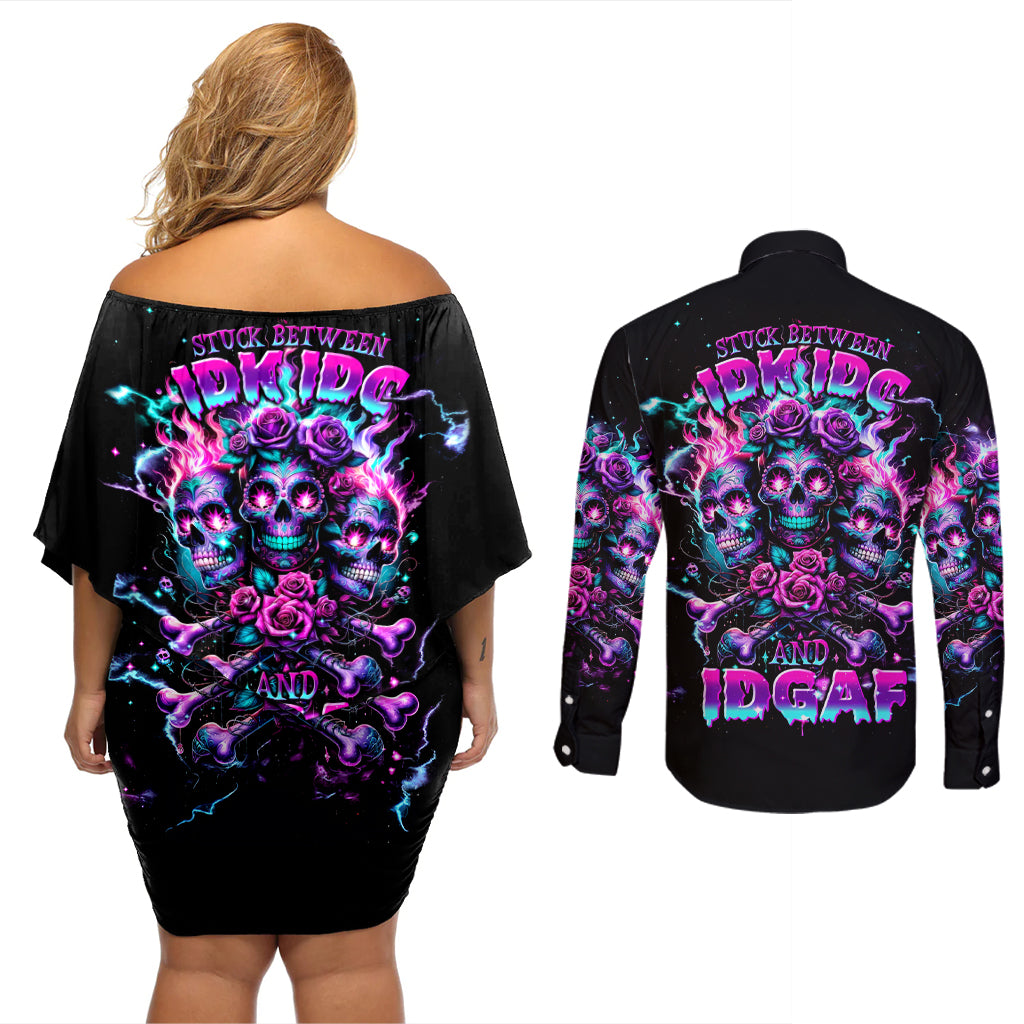 Flower Skull Couples Matching Off Shoulder Short Dress and Long Sleeve Button Shirt Stuck Between IDK IDC - Wonder Print Shop