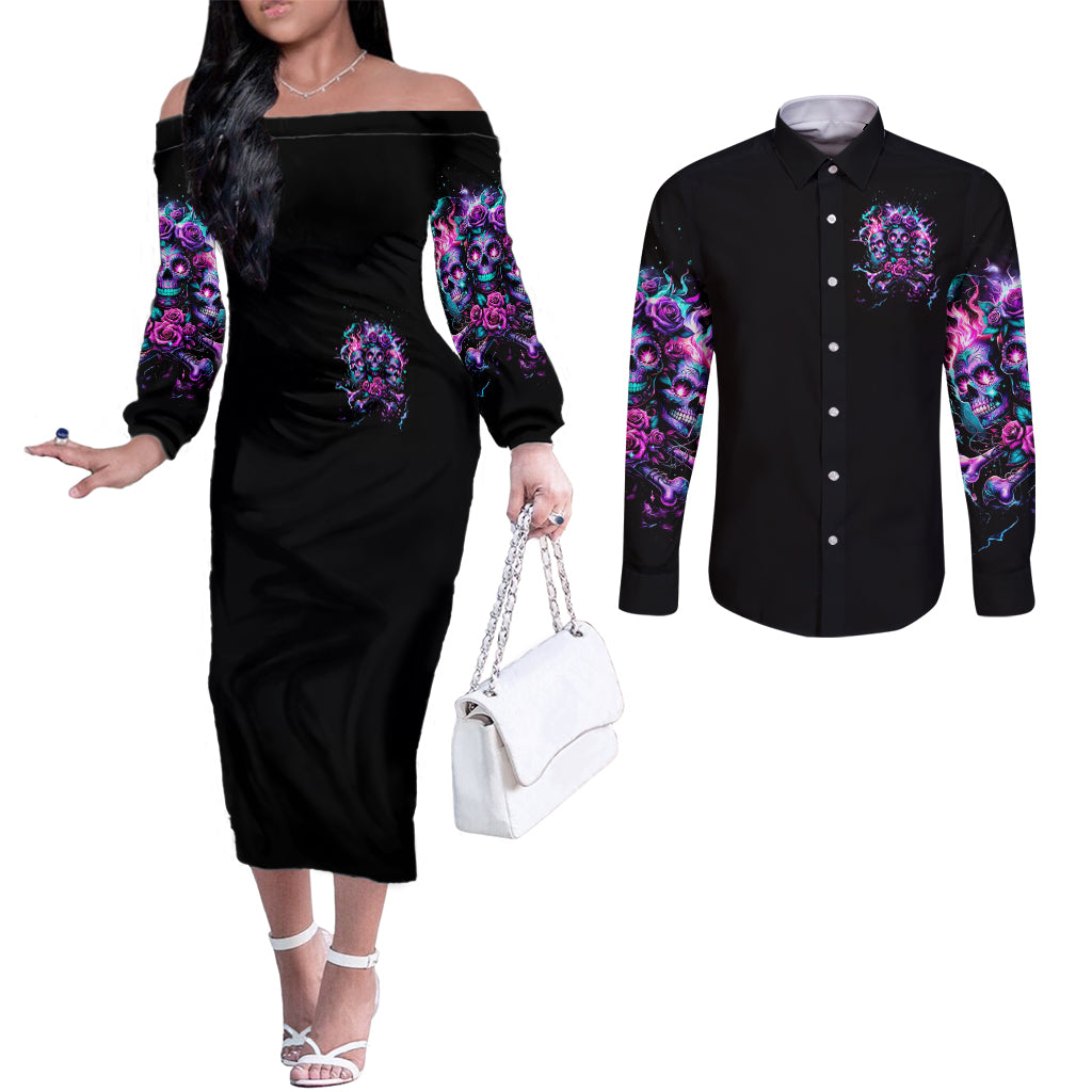 Flower Skull Couples Matching Off The Shoulder Long Sleeve Dress and Long Sleeve Button Shirt Stuck Between IDK IDC