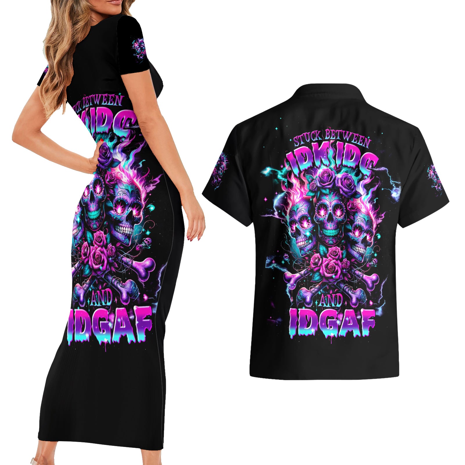 Flower Skull Couples Matching Short Sleeve Bodycon Dress and Hawaiian Shirt Stuck Between IDK IDC - Wonder Print Shop