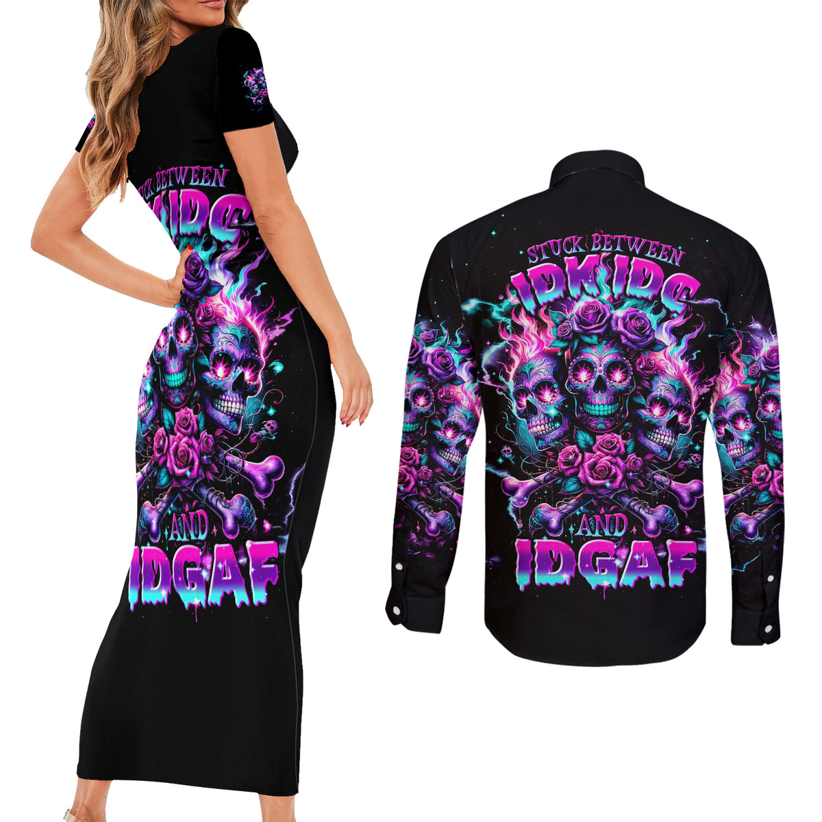 Flower Skull Couples Matching Short Sleeve Bodycon Dress and Long Sleeve Button Shirt Stuck Between IDK IDC - Wonder Print Shop