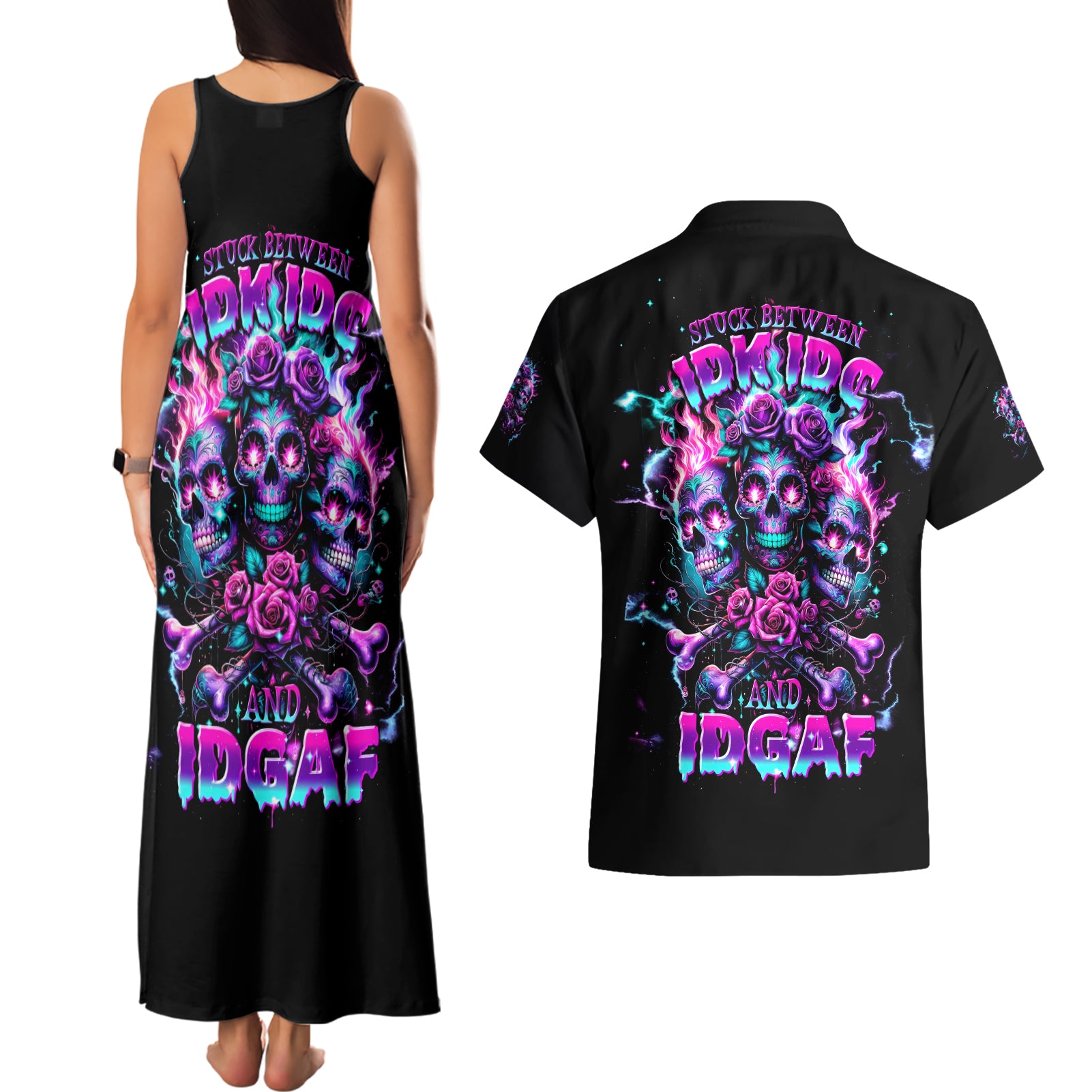 Flower Skull Couples Matching Tank Maxi Dress and Hawaiian Shirt Stuck Between IDK IDC - Wonder Print Shop