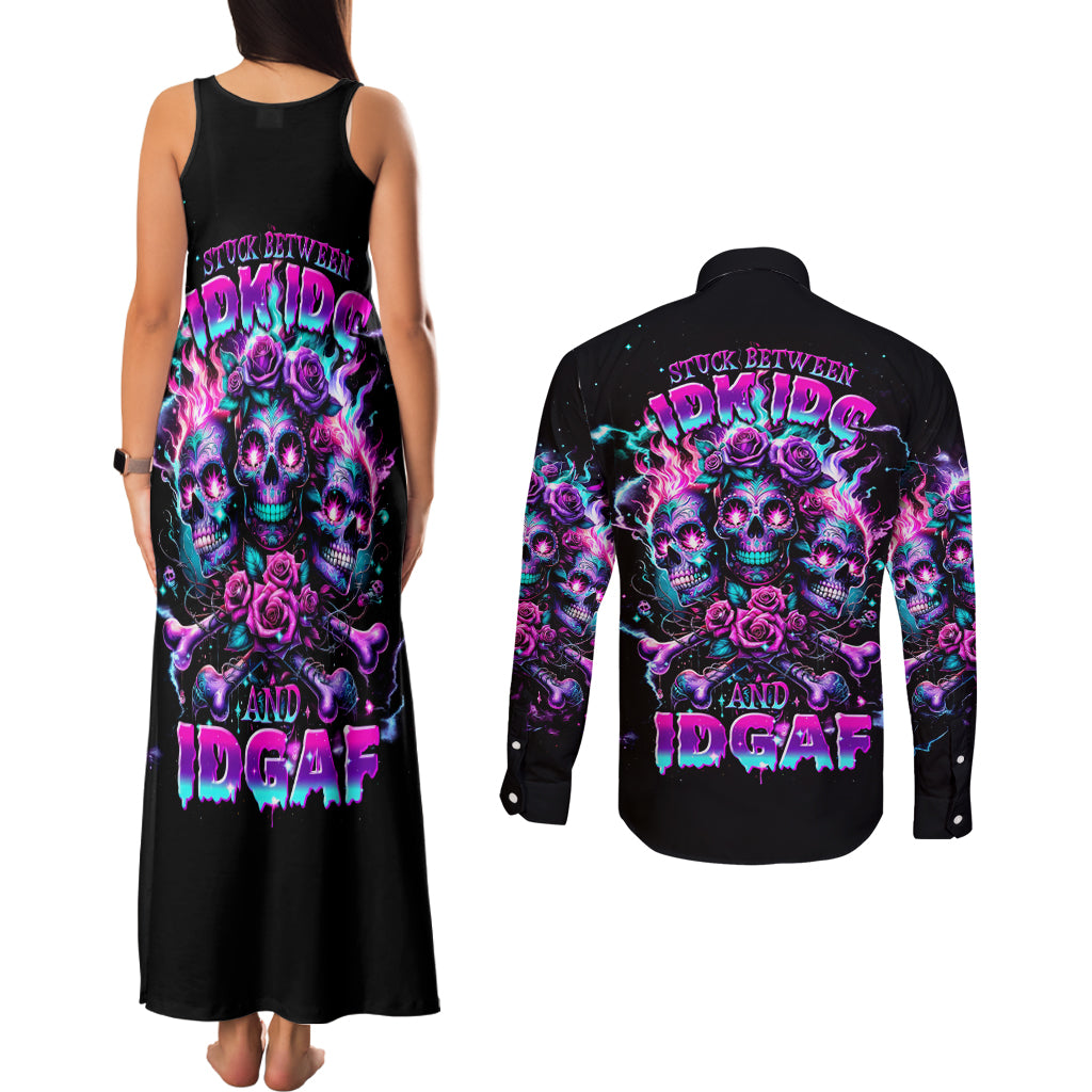 Flower Skull Couples Matching Tank Maxi Dress and Long Sleeve Button Shirt Stuck Between IDK IDC - Wonder Print Shop