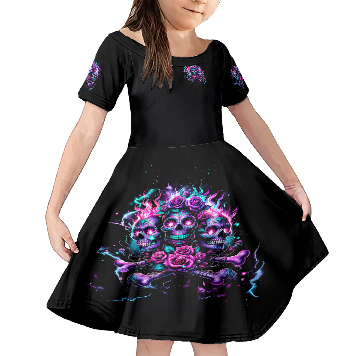 Flower Skull Family Matching Long Sleeve Bodycon Dress and Hawaiian Shirt Stuck Between IDK IDC - Wonder Print Shop