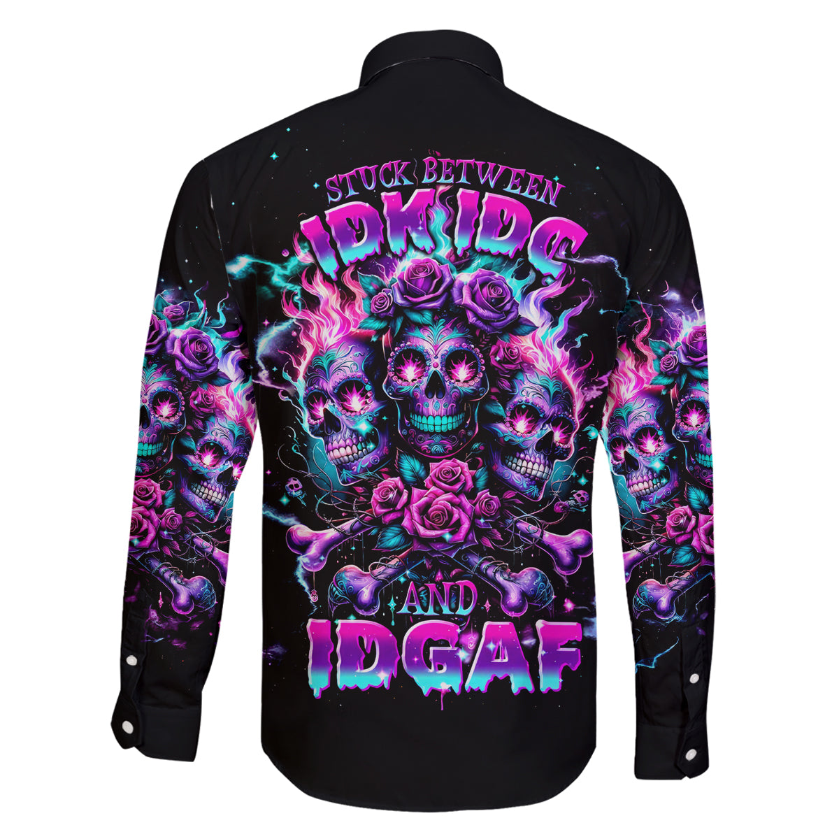 Flower Skull Family Matching Long Sleeve Bodycon Dress and Hawaiian Shirt Stuck Between IDK IDC - Wonder Print Shop