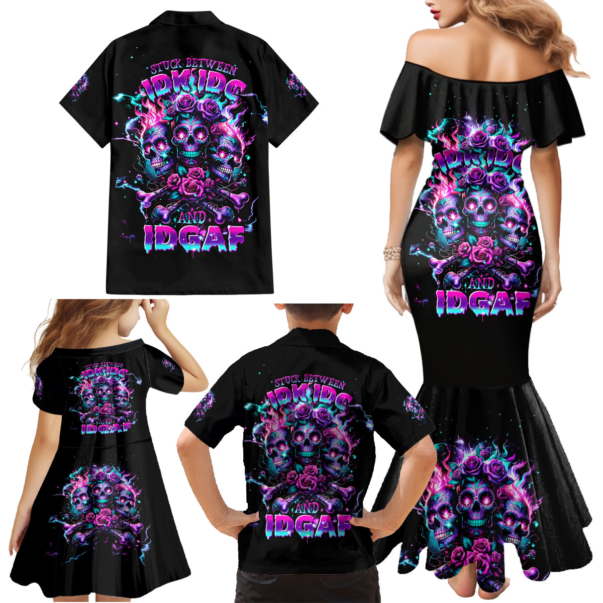 Flower Skull Family Matching Mermaid Dress and Hawaiian Shirt Stuck Between IDK IDC - Wonder Print Shop