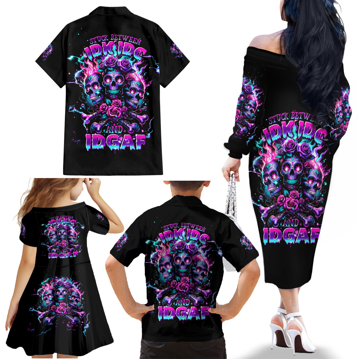 Flower Skull Family Matching Off Shoulder Long Sleeve Dress and Hawaiian Shirt Stuck Between IDK IDC - Wonder Print Shop