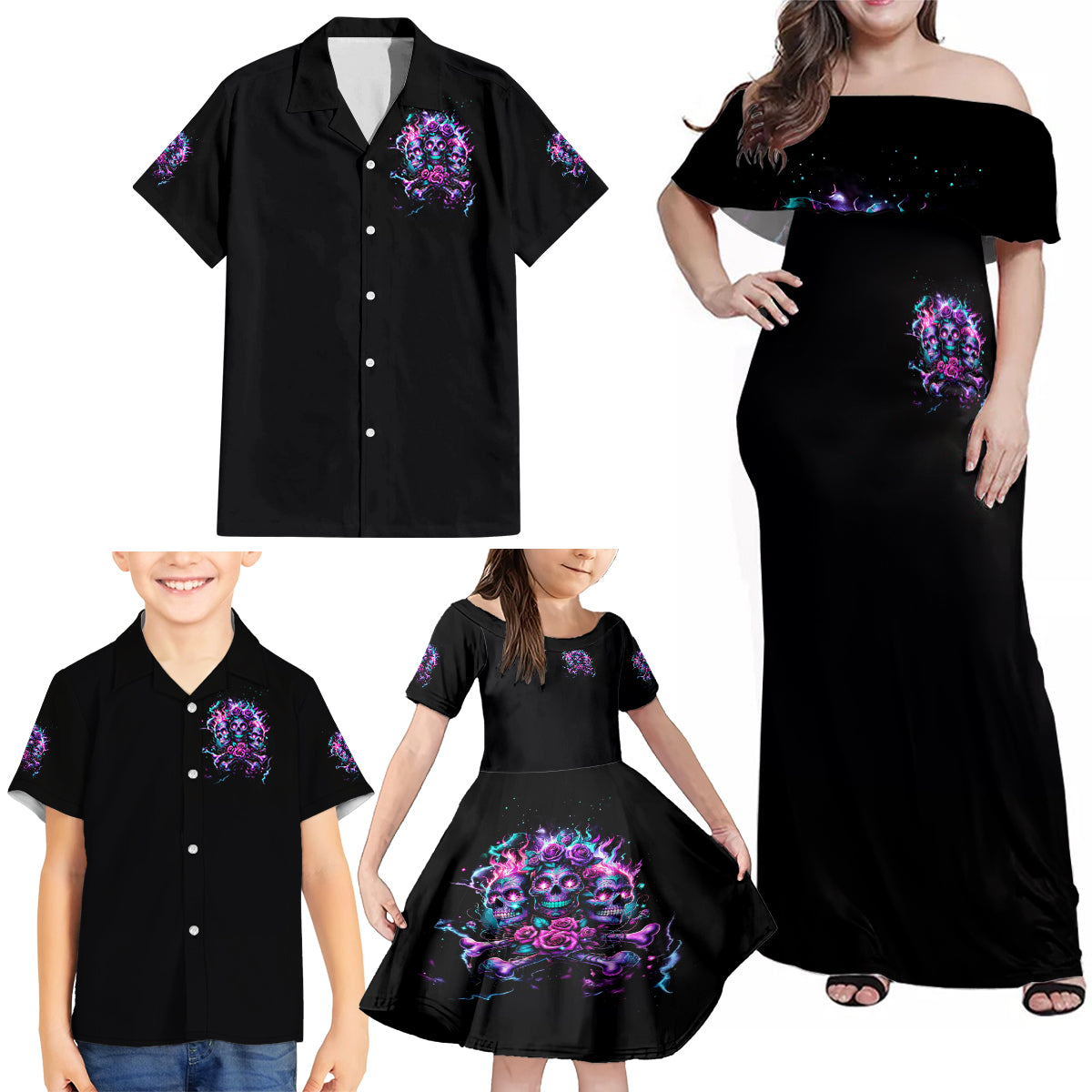 Flower Skull Family Matching Off Shoulder Maxi Dress and Hawaiian Shirt Stuck Between IDK IDC - Wonder Print Shop