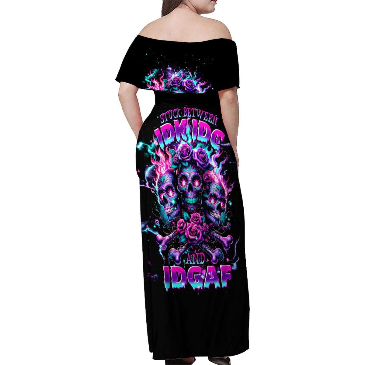 Flower Skull Family Matching Off Shoulder Maxi Dress and Hawaiian Shirt Stuck Between IDK IDC - Wonder Print Shop