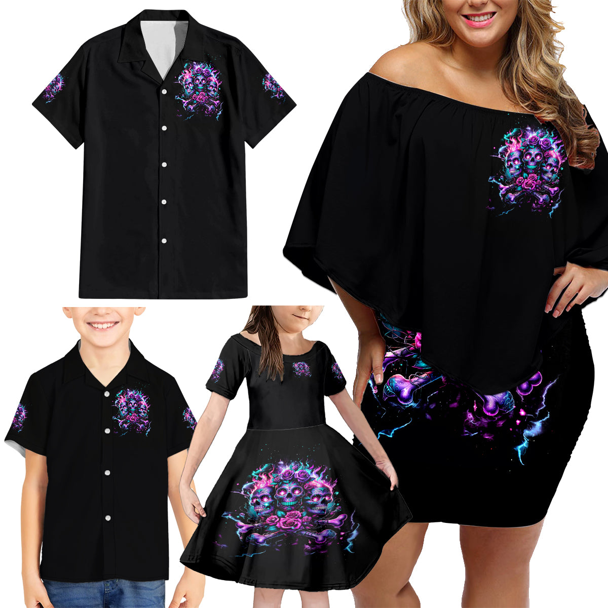 Flower Skull Family Matching Off Shoulder Short Dress and Hawaiian Shirt Stuck Between IDK IDC - Wonder Print Shop