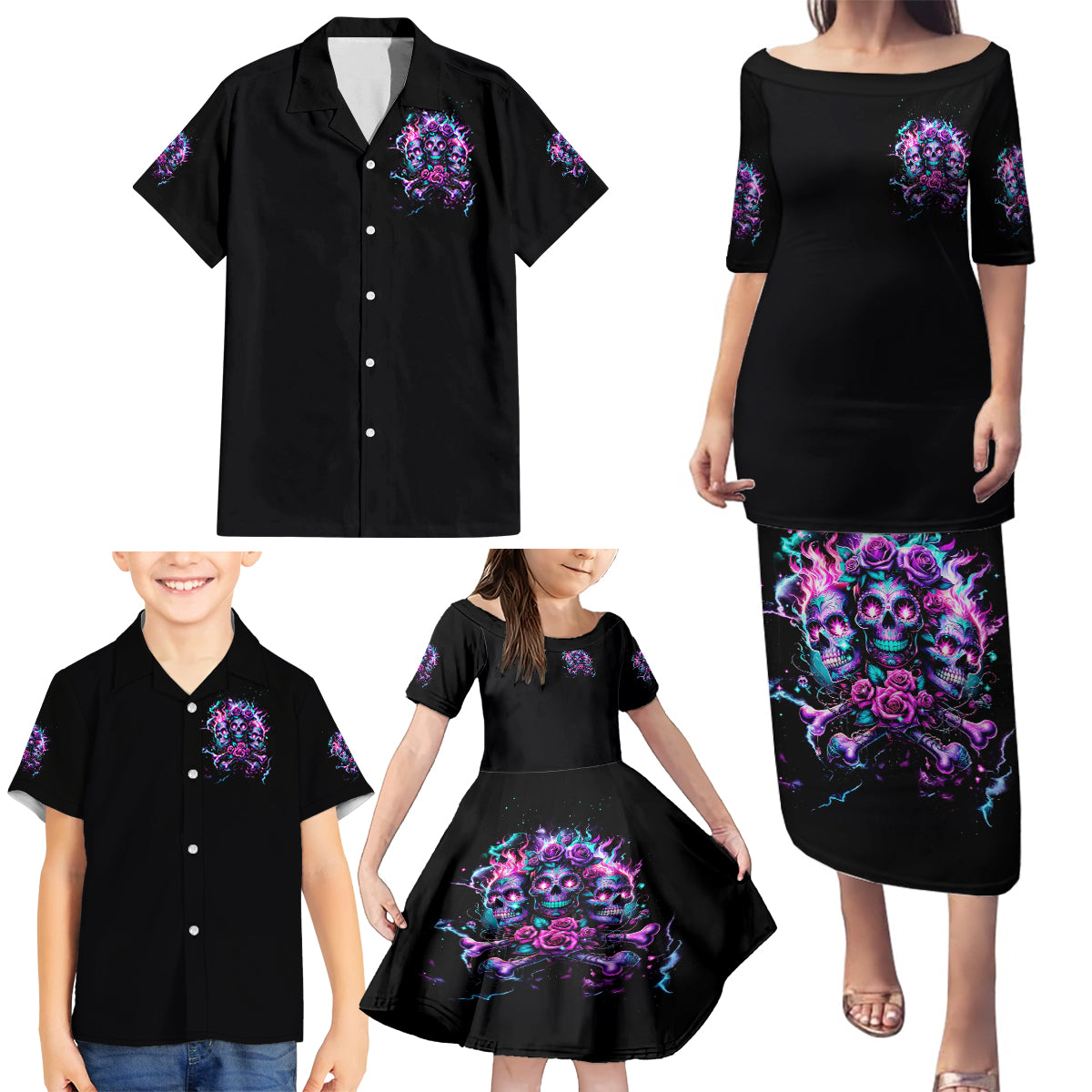 Flower Skull Family Matching Puletasi and Hawaiian Shirt Stuck Between IDK IDC - Wonder Print Shop