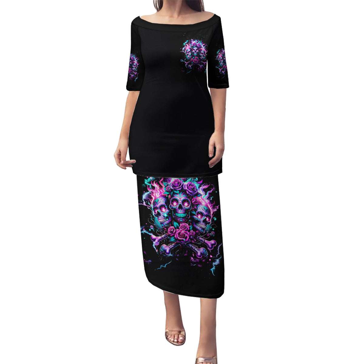 Flower Skull Family Matching Puletasi and Hawaiian Shirt Stuck Between IDK IDC - Wonder Print Shop